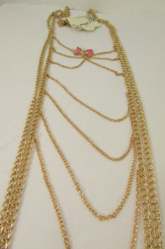Gold Metal Body Chain Multi Wave Black Or Pink Mini Bow Pendant New Women  Jewelry Accessories
