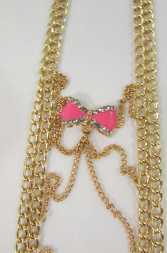 Gold Metal Body Chain Multi Wave Black Or Pink Mini Bow Pendant New Women  Jewelry Accessories