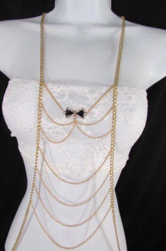 Gold Metal Body Chain Multi Wave Black Or Pink Mini Bow Pendant New Women  Jewelry Accessories