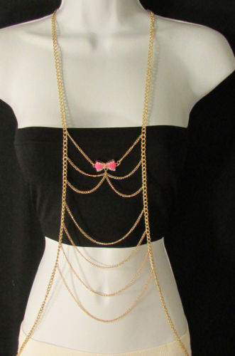 Gold Metal Body Chain Multi Wave Black Or Pink Mini Bow Pendant New Women  Jewelry Accessories
