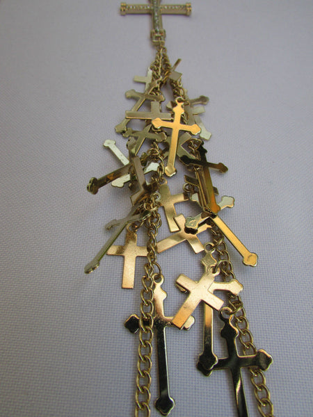 Gold Metal Body Chain Rhinestones Multi Mini Cross Pendant Necklace New Women Jewelry Accessories