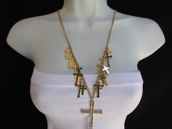 Gold Metal Body Chain Rhinestones Multi Mini Cross Pendant Necklace New Women Jewelry Accessories