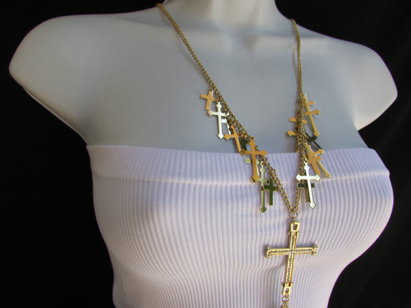Gold Metal Body Chain Rhinestones Multi Mini Cross Pendant Necklace New Women Jewelry Accessories