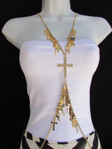Gold Metal Body Chain Rhinestones Multi Mini Cross Pendant Necklace New Women Jewelry Accessories