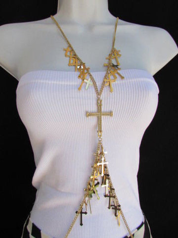 Gold Metal Body Chain Rhinestones Multi Mini Cross Pendant Necklace New Women Jewelry Accessories