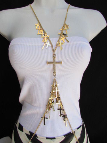 Gold Metal Body Chain Rhinestones Multi Mini Cross Pendant Necklace New Women Jewelry Accessories