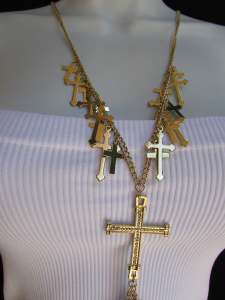 Gold Metal Body Chain Rhinestones Multi Mini Cross Pendant Necklace New Women Jewelry Accessories