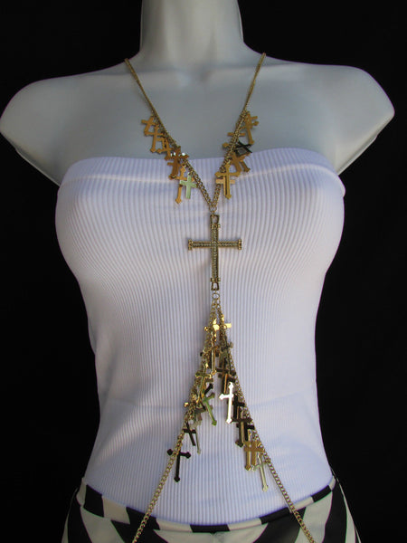 Gold Metal Body Chain Rhinestones Multi Mini Cross Pendant Necklace New Women Jewelry Accessories