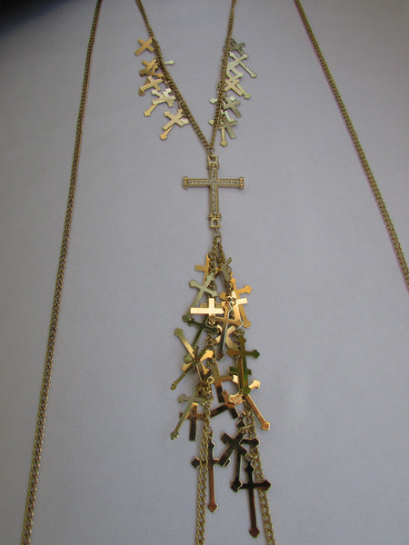 Gold Metal Body Chain Rhinestones Multi Mini Cross Pendant Necklace New Women Jewelry Accessories