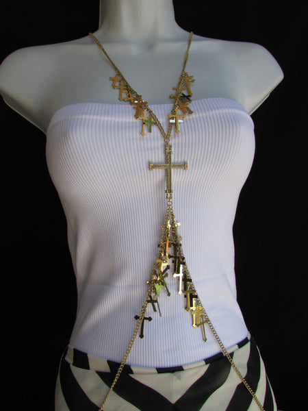 Gold Metal Body Chain Rhinestones Multi Mini Cross Pendant Necklace New Women Jewelry Accessories