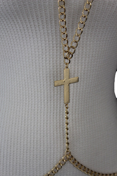 Gold Metal Body Chains Harness Cross Charm long Necklace New Women Fashion Jewelry Accessories