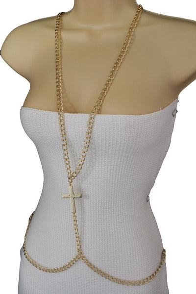 Gold Metal Body Chains Harness Cross Charm long Necklace New Women Fashion Jewelry Accessories