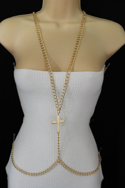 Gold Metal Body Chains Harness Cross Charm long Necklace New Women Fashion Jewelry Accessories