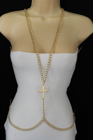 Gold Metal Body Chains Harness Cross Charm long Necklace New Women Fashion Jewelry Accessories