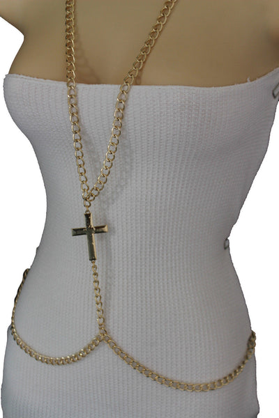 Gold Metal Body Chains Harness Cross Charm long Necklace New Women Fashion Jewelry Accessories