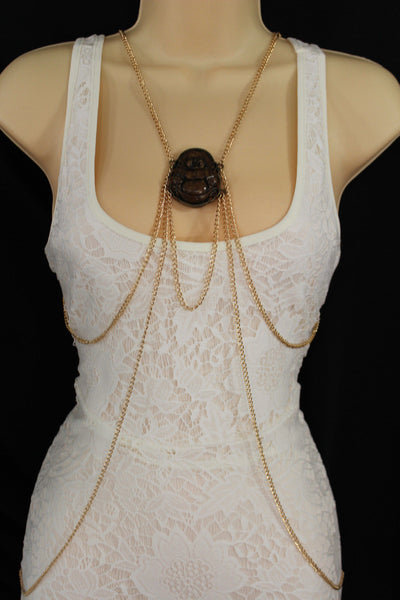Gold Metal Body Chains Harness Pool Necklace Buddha Charm Women Fashion Jewelry Accessories