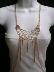 Gold Metal Body Chains Large Moon Geometric Shapes Pendant Long Necklace
