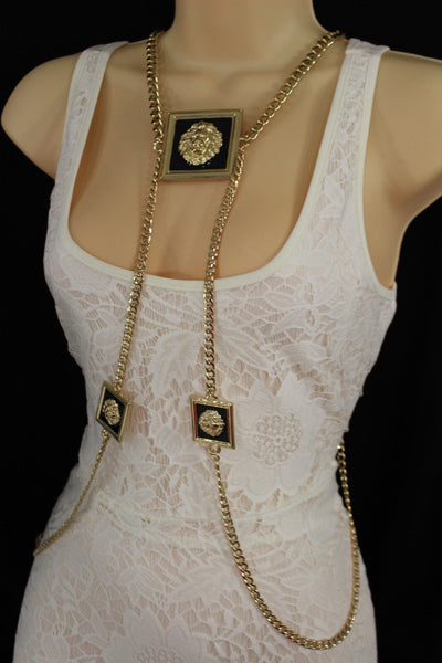 Gold Metal Body Chains 3 Head Lion Charm Harness Pool Necklace New Women Fashion Accessories