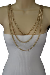 Gold Metal Body Chains Shoulder Front Back Wave Necklace
