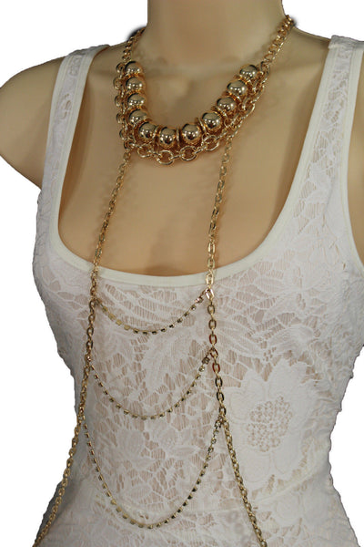 Gold Metal Body Chains Waves Harness Balls Beads Choker Necklace New Women Fashion Accessories
