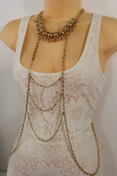 Gold Metal Body Chains Waves Harness Balls Beads Choker Necklace New Women Fashion Accessories