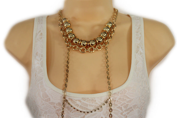 Gold Metal Body Chains Waves Harness Balls Beads Choker Necklace New Women Fashion Accessories