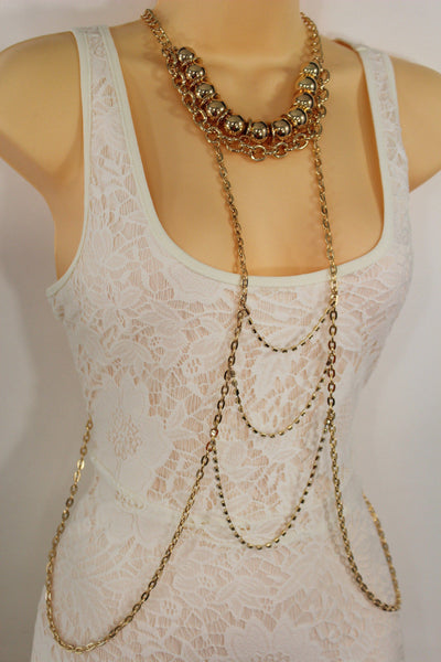 Gold Metal Body Chains Waves Harness Balls Beads Choker Necklace New Women Fashion Accessories