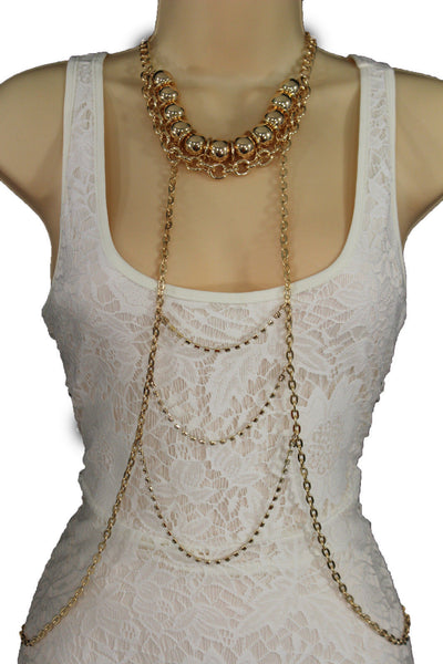 Gold Metal Body Chains Waves Harness Balls Beads Choker Necklace New Women Fashion Accessories