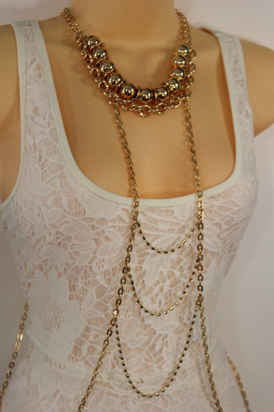 Gold Metal Body Chains Waves Harness Balls Beads Choker Necklace New Women Fashion Accessories