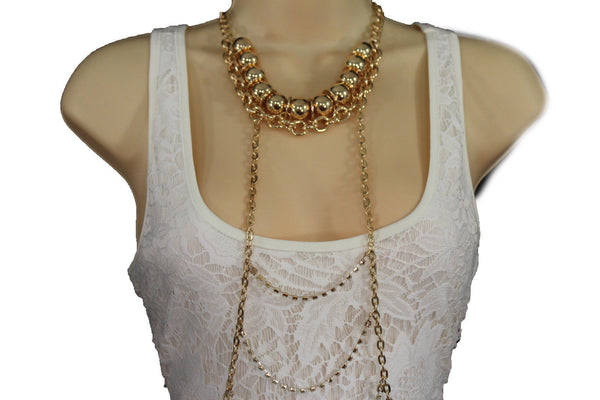 Gold Metal Body Chains Waves Harness Balls Beads Choker Necklace New Women Fashion Accessories
