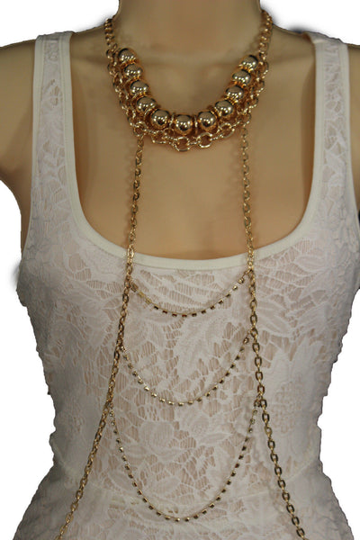 Gold Metal Body Chains Waves Harness Balls Beads Choker Necklace New Women Fashion Accessories
