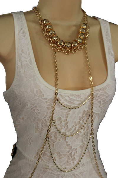 Gold Metal Body Chains Waves Harness Balls Beads Choker Necklace New Women Fashion Accessories