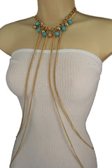 Gold Metal Body Chains Necklace Multi Stripes Blue Turquoise Gold Balls