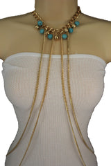 Gold Metal Body Chains Necklace Multi Stripes Blue Turquoise Gold Balls