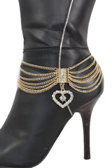 Dangling Rhinestone Heart Charm Multi Strand Metal Boot Chain