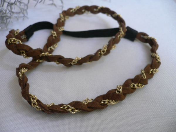 Gold Metal Brown Faux Suede Head Elastic Band Forehead Women Fashion Punk Rock Accessories