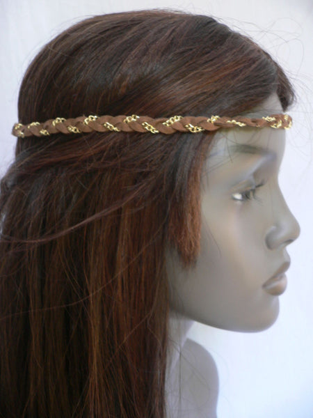 Gold Metal Brown Faux Suede Head Elastic Band Forehead Women Fashion Punk Rock Accessories
