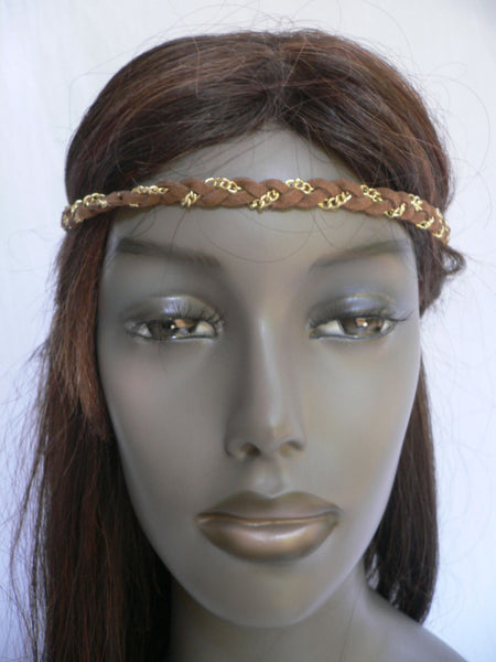 Gold Metal Brown Faux Suede Head Elastic Band Forehead Women Fashion Punk Rock Accessories