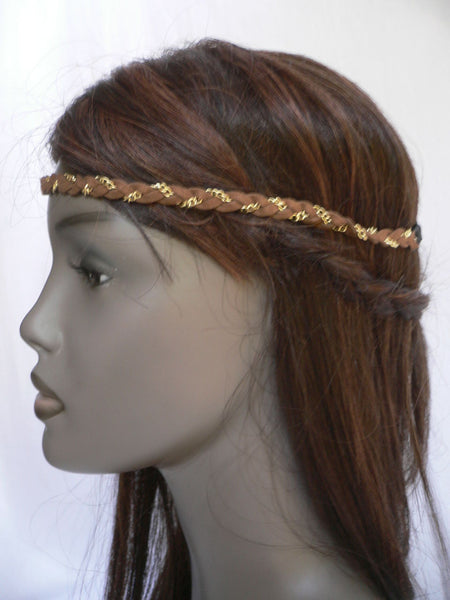 Gold Metal Brown Faux Suede Head Elastic Band Forehead Women Fashion Punk Rock Accessories