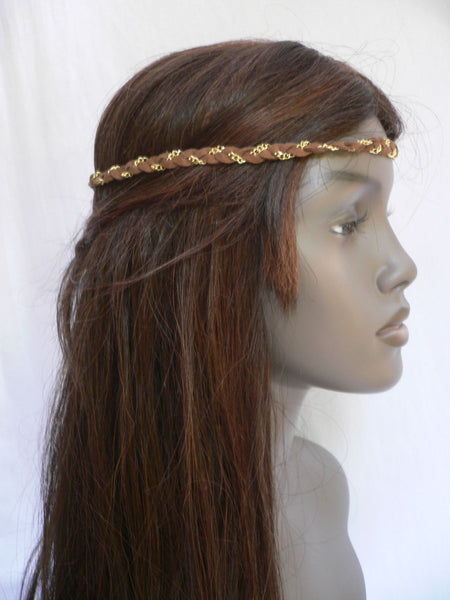 Gold Metal Brown Faux Suede Head Elastic Band Forehead Women Fashion Punk Rock Accessories