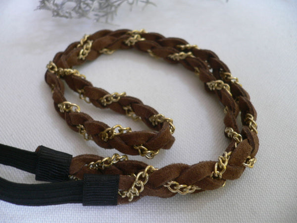 Gold Metal Brown Faux Suede Head Elastic Band Forehead Women Fashion Punk Rock Accessories