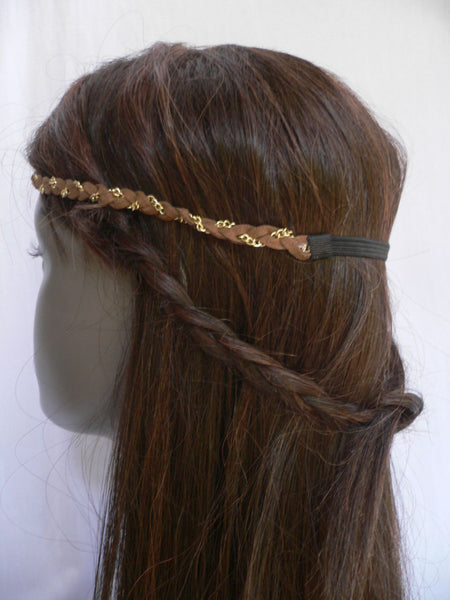 Gold Metal Brown Faux Suede Head Elastic Band Forehead Women Fashion Punk Rock Accessories