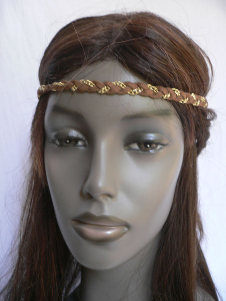 Gold Metal Brown Faux Suede Head Elastic Band Forehead Women Fashion Punk Rock Accessories