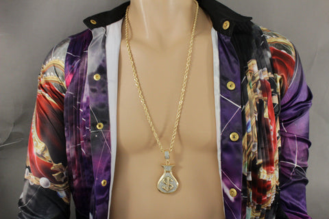 Gold Metal Chain 3D Dollar Money Bag Charm $ Pendant Long Necklace Hip Hop Style New Men Accessories