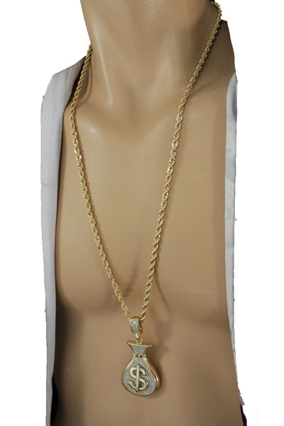 Gold Metal Chain 3D Dollar Money Bag Charm $ Pendant Long Necklace Hip Hop Style New Men Accessories