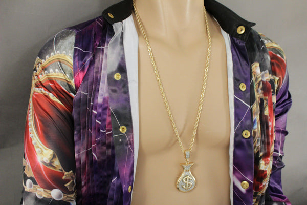 Gold Metal Chain 3D Dollar Money Bag Charm $ Pendant Long Necklace Hip Hop Style New Men Accessories
