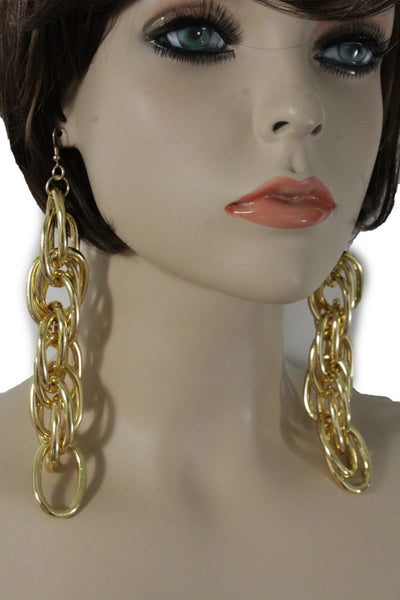 Gold Metal Chain Chunky Thick Links Hip Hop Long Drop Earrings Set New Women Accessories