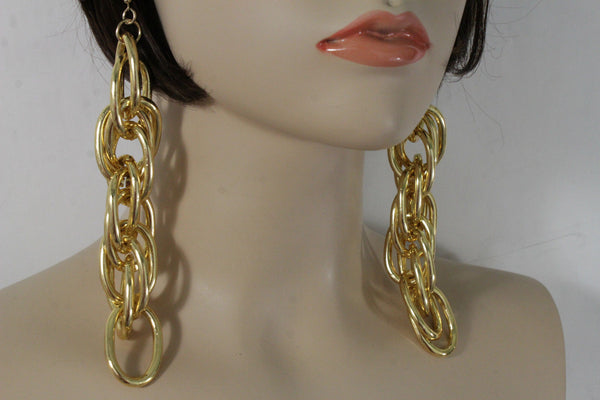 Gold Metal Chain Chunky Thick Links Hip Hop Long Drop Earrings Set New Women Accessories