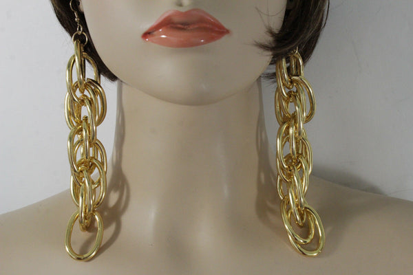Gold Metal Chain Chunky Thick Links Hip Hop Long Drop Earrings Set New Women Accessories