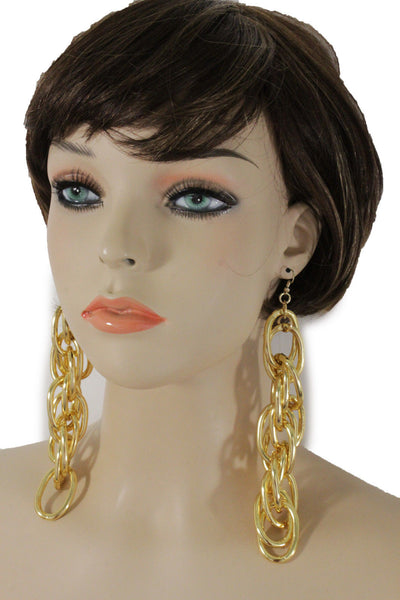 Gold Metal Chain Chunky Thick Links Hip Hop Long Drop Earrings Set New Women Accessories